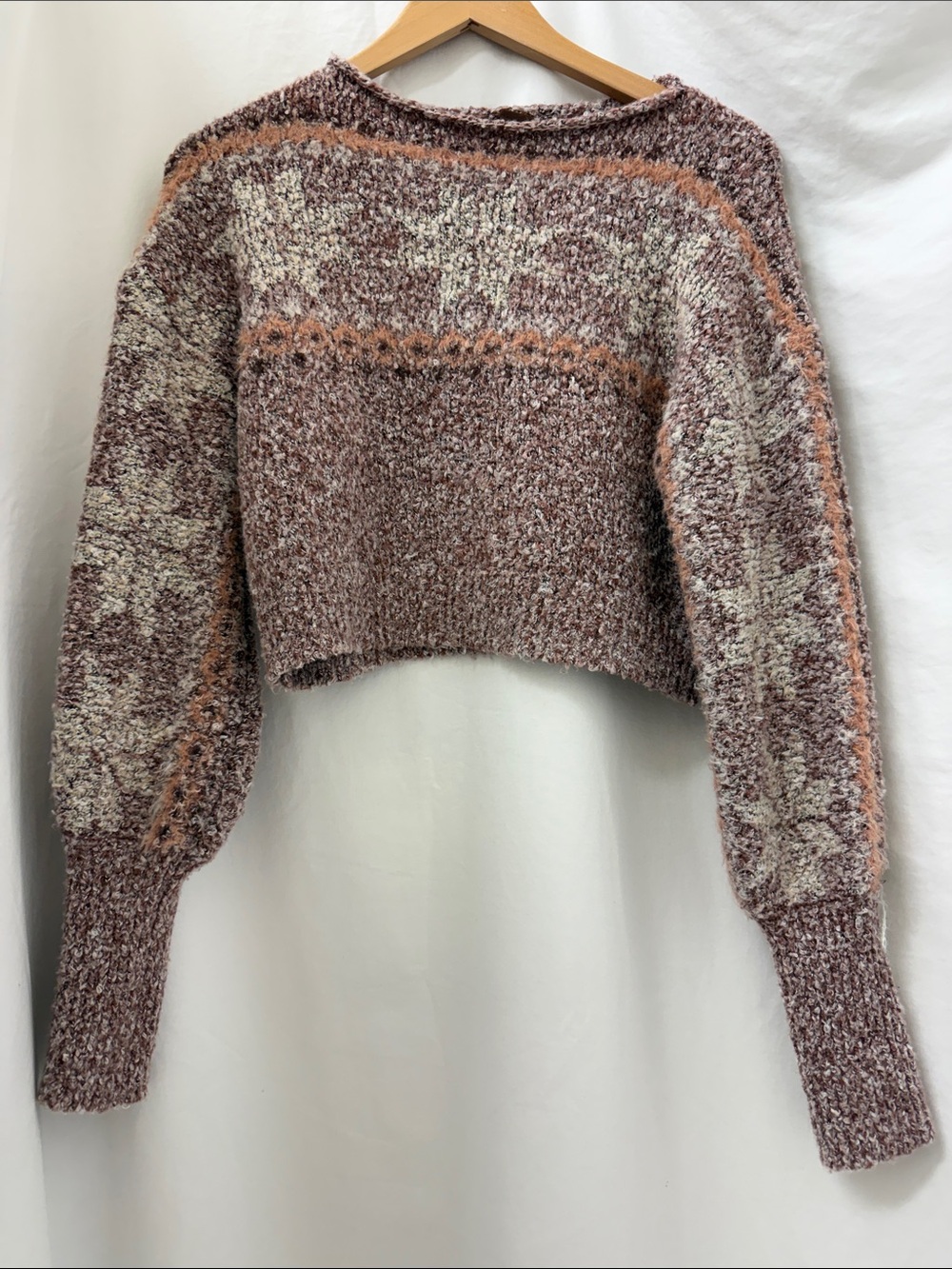 Free People Cropped Bouclé Star-Pattern Sweater in Mauve and Cream